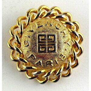 Givenchy Vintage Logo Pin Brooch Brushed Gold 4G Round Chain Chunky Signed BinAT